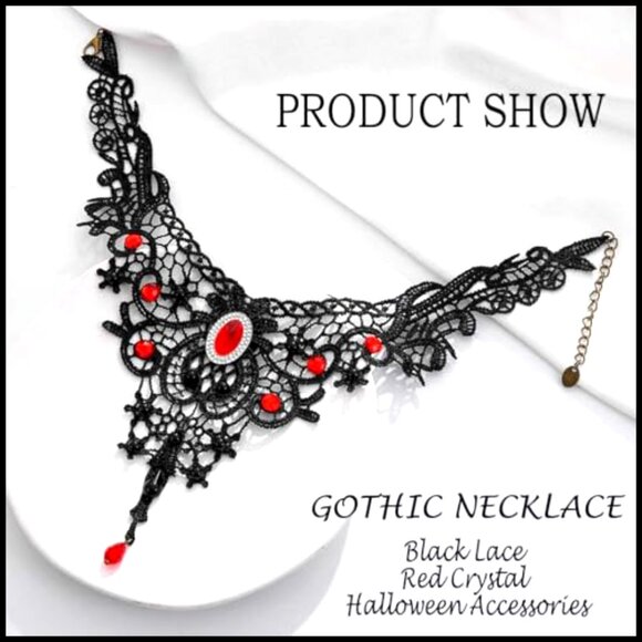Gothic Lace Choker Necklace Red Crystal Pendant Adjustable Lobster Clasp - Picture 2 of 7
